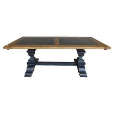 a wooden table with two black legs and a square top on an isolated white background