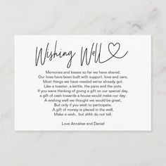 a white card with the words wishing well on it's front and back side