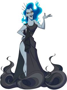 an evil woman with blue hair and black dress standing in front of a white background