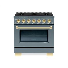 a blue oven with gold trims on the front and bottom, against a white background