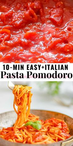 spaghetti being cooked in a skillet with tomato sauce and basil leaves on the side