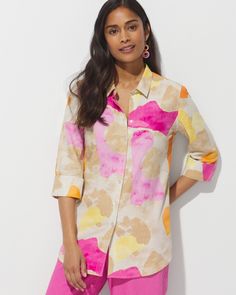 Abstract Confetti Stretch Linen-Blend Boyfriend Shirt - Chico's Off The Rack - Chico's Outlet Multicolor Linen Tops For Spring, Linen Shirt For Beach Days In Spring, Linen Shirt For Spring Day Out, Linen Spring Shirt, Spring Linen Shirt, Linen Shirts Women, Linen Shirts, Stay Fresh, Boyfriend Shirt