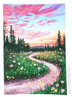 a painting of a dirt road in the middle of a field with flowers and trees