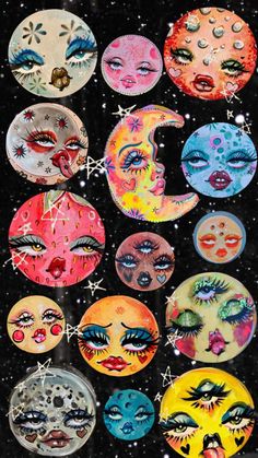 an image of many different faces painted on glass plates with stars and moon shapes in the background