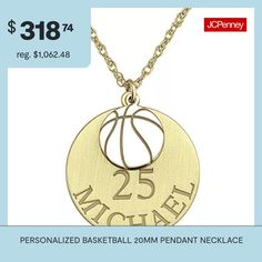 a necklace with a basketball ball on it and the number twenty is shown in gold