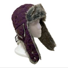 Flap Hat With Faux Fur Plum With Gold Embroidered. Purple Short Brim Winter Hat, Wide Brim Purple Winter Hat, Purple Wide Brim Winter Hat, Purple Winter Hat For Cold Weather, Purple Warm Hats For Cold Weather, Warm Purple Hats For Cold Weather, Purple Winter Hat With Curved Brim, Purple Warm Hats One Size Fits Most, Womens Snapback Hats