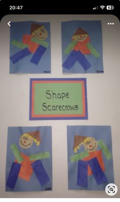 four pictures of shapes with the words shape scarecrows written on one piece of paper