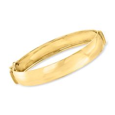 Ross-Simons - Italian 14kt Yellow Gold Bangle Bracelet. 8". This luxurious bangle bracelet is a must-have for your repertoire. The perfect choice for a classic aesthetic, this Italian essential radiates in polished 14kt yellow gold. Figure 8 safety. Box clasp, 14kt yellow gold bangle bracelet. Classic Gold Hinged Bangle, Classic Gold Hinged Cuff Bracelet, Classic 14k Gold Hinged Bracelet, Classic Yellow Gold Hinged Bracelet, Classic 14k Stamped Gold Bangle Bracelet, Classic Hinged 14k Gold Bracelet, Classic Hinged Yellow Gold Bangle, Classic Gold Hinged Bracelet, Classic 14k Stamped Bracelet Jewelry