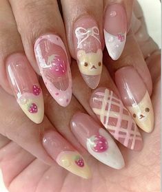 #sanx #sanrio #nails #nailart #kawaii #cute #strawberry Stunning Nails, Cute Simple Nails, Girly Acrylic Nails, Really Cute Nails, Soft Nails, Cat Nails, Kawaii Nails, روتين العناية بالبشرة