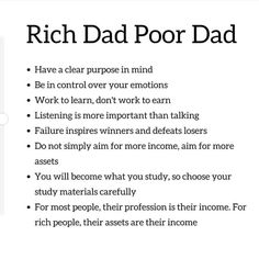 the words rich dad poor dad are in black and white, with an image of a man