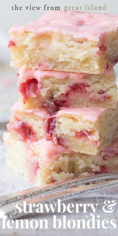 three strawberry lemon blondies stacked on top of each other with the title overlay