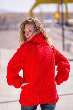 "MATERIAL : 2 strands of 100 % soft wool COLOUR : Red ( There may be a slight difference because of the different monitors' representation) ♥ In the picture the model is wearing a garment with these measurements : A: ( Body lenght) : 29.5 \" / 75 cm B: ( Chest width) : 21.7 \" / 55 cm C: (Sleeve from under the arm) : 19.7 \" /50 cm D: (Neck unrolled) : 11.8 /30 cm. They are taken with the item laid flat and not streched. ♥ For choosing your size please look at size chart in our listing pictures. Red Merino Wool Sweater For Fall, Red Merino Wool Sweater For Winter, Cozy Red Wool Sweater, Red Chunky Knit Turtleneck Sweater, Red Hand Knitted Winter Sweater, Red Hand Knitted Sweater For Winter, Red Winter Knitting Pattern, Knitted Hoodie, Hand Knitted Jumpers