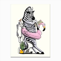 a zebra sitting on top of a pink toilet