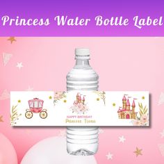 a princess water bottle label is shown with balloons