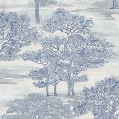 a blue and white wallpaper with trees on it