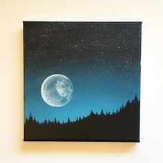 a painting of a full moon in the night sky with trees and stars on it