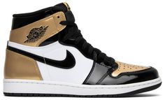 The Air Jordan 1 Retro High OG NRG ‘Gold Toe’ features a black patent leather upper with distinctive metallic gold accents on the perforated toe box . tongue branding . and the heel panel. The high top also boasts a white side panel which extends from the midfoot to the heel . and a white rubber midsole. Other details include suede accents on the lacing structure . large Swoosh branding . and a tonal black outsole. Jordan 8, 3 Shoes, Jordan 2, Air Jordan Sneakers, Air Jordan 1 Retro High Og, Sneaker Release, Air Jordan 1 Retro High, Sneaker Games, Gold Top