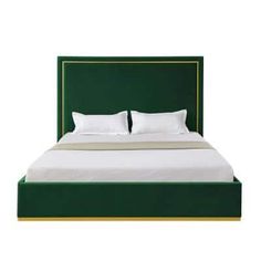 a bed with white pillows and green headboard on it's side, in front of a white background