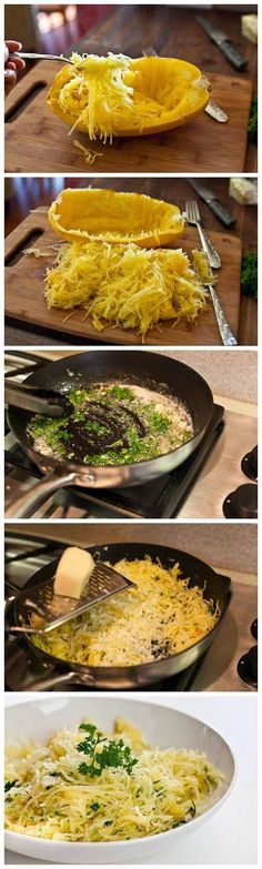 four pictures showing different types of food being cooked