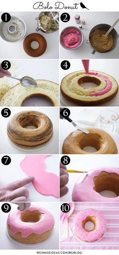 the steps to make a donut with pink icing