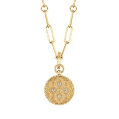 From Roberto Coin's Petite Venetian Princess Collection, this 18k yellow gold necklace makes an elegant statement. The medallion features a floral design with round diamond accents and rope detail. Roberto Coin signs each one of his pieces with a small ruby casted inside the piece, in direct contact with the skin of the one who wears it. This magical signature, surrounded by an antique halo of legend, represents the message of good wishes that Roberto Coin dedicates to his passionate clientele. Roberto Coins, Good Wishes, Princess Collection, Yellow Gold Necklace, Roberto Coin, Medallion Necklace, Round Diamond, Round Diamonds, Halo