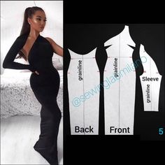 a woman in a black dress and measurements for the bodysuit, from front to back