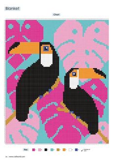 two toucans sitting on top of each other in front of pink and blue leaves