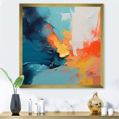 an abstract painting hangs on the wall above a console table with candles and vases