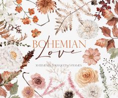 bohemian love flowers and leaves watercolor clipart set example imagen on white background