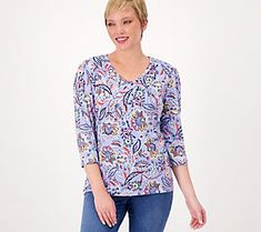 This printed V-neck? Heavenly. Match this gorgeous top with jeans and those comfy canvas sneaks for a look that's so casually chic we (almost) won't be able to stand it. From Denim & Co.® Fashions.  Original item is A568440. This product may be a customer return, vendor sample, or on-air display and is not in its originally manufactured condition. It may not be new. In some instances, these items are repackaged by QVC. Floral Print V-neck T-shirt With Relaxed Fit, Light Blue Floral Print V-neck Top, Casual Multicolor Print V-neck T-shirt, Top With Jeans, Casual V-neck Butterfly Print Tops, Casually Chic, Multicolor Floral Print V-neck T-shirt, Oversized Tunic, Square Neck Top