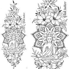 two different designs with flowers and buddhas in the middle one is black and white