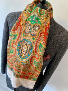 Fabulous vintage long beige multi coloured wool feel psychedelic paisley scarf super look - the colour has run slightly by the border rare one off - stand out from the crowd please note all our scarves are vintage so might show some signs of wear - any major faults will be noted in listing Vintage Brown Scarf With Paisley Print, Retro Multicolor Winter Scarf, Vintage Multicolor Paisley Scarves, Vintage Multicolor Winter Shawl, Multicolor Vintage Shawl With Paisley Print, Vintage Multicolor Paisley Print Shawl, Vintage Multicolor Winter Scarves, Paisley Scarves, Hippie Bohemian