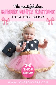 a baby girl wearing a pink and black polka dot tutule with the words, the most fabulous minnie mouse costume idea for baby