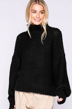 Our cozy favorite for crisp is the Yata Black Funnel Neck Knit Sweater! This must-have pullover sweater is cozy, comfy, and cute with its knit composition, cable knit funnel neck, long sleeves (with ribbed cuffs), and a relaxed bodice. Black Knit Turtleneck, Black Chunky Knit Sweater, Black Sweater Outfit, Black Cropped Cardigan, Chunky Turtleneck Sweater, Sweater Boho, Long Black Cardigan, Turtleneck Outfit, Black Turtleneck Sweater