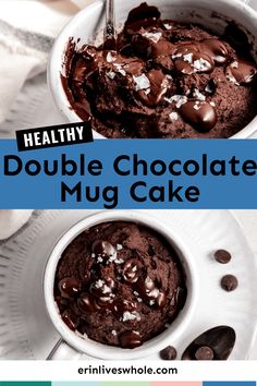 healthy double chocolate mug cake recipe with text overlay