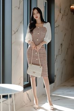 Classy Korean Dress, Chanel Business Outfits, Elegant Vintage Dresses Glamour Classy, Winter Wedding Guest Dress Classy, Korean Fashion Dress Formal, Korean Fashion Classy, Elegant Outfit Classy