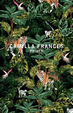 a tiger surrounded by tropical plants and birds on a black background with the words cammalfrances printed in white