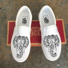 Elephant - White Slip Ons Wish Vans White Slip Ons, White Slip On Vans, Custom Vans Shoes, Cute Vans, Slip On Vans, Vans White, Custom Vans, Elephant Design, White Slip