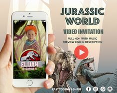 a person holding an iphone in front of a screen with the image of a dinosaur