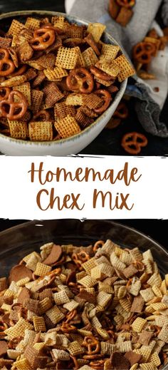 Collage of bowlful of zesty homemade Chex mix at top and bottom. Bold Chex Mix Recipe, Savory Chex, Savory Chex Mix, Homemade Chex Mix Recipe, Chex Mix Original, Chex Mix Recipes Original, Chex Mix Recipe, Cereal Snacks