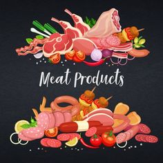 meat products on a black background with the words meat products written below it in white lettering