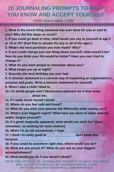 a pink and blue poster with the words, 20 journaling prompts to help you know and accept yourself