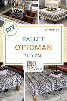 a collage of photos showing how to make an ottoman with fabric and wood legs