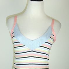 New With Tags Diesel 100% Cotton Knit Sweater Top Size Small..Blue Pink White Green And Black Horizontal Stripes..Made In Italy Cotton/Acrylic Blend..Sleeveless Embroidered Pink Floral..Versatile And Super Cute! Condition: New With Tags Measures Bust 30 Length 18.5 Striped V-neck Knit Top For Summer, Multicolor Stretch Cami Top, Stretch Multicolor Cami Top, Striped V-neck Knit Top For Spring, Striped V-neck Tank Top For Spring, Striped Stretch Knit Top For Spring, Multicolor Seamless Tops, Multicolor Casual Tank Top For Loungewear, Multicolor Sleeveless Tank Top For Loungewear