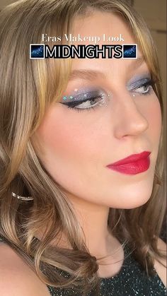 Taylor Swift Midnights Era Hair, Taylor Swift Rhinestone Makeup, Midnights Era Makeup Ideas, Taylor Swift Midnights Hair, Taylor Swift Midnights Inspired Makeup, Eras Tour Hair Ideas Midnights, How To Apply Rhinestones To Face, Midnights Taylor Swift Eye Makeup, Eras Makeup Look