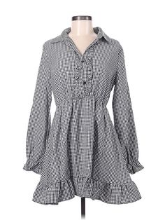 Shein Casual Dress Size: Medium Gray Dresses - used. 100% POLYESTER, Shirtdress, Tie Neck, Houndstooth, Short, Long Sleeve | Shein Casual Dress - Shirtdress: Gray Houndstooth Dresses - Used - Size Medium Casual Ruffled Shirt Dress For Fall, Collared Gingham Dresses, Collared Gingham Dress For Spring, Long Sleeve Gingham Dress For Work, Casual Gingham Long Sleeve Dress, Spring Gingham Mini Dress With Long Sleeves, Casual Gingham Plaid Long Sleeve Dress, Casual Long Sleeve Gingham Dress, Casual Long Sleeve Plaid Dress In Gingham Pattern