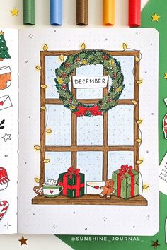 an open christmas window with presents on it and the words, december written in white