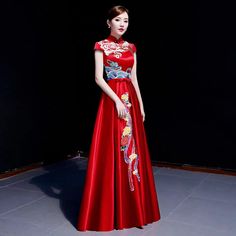 ⭐⭐ Free Shipment to Worldwide! Premium Handmade Quality, Gift Level. ⭐⭐This Dress is a great Art Piece for Brides; Who wants a traditional Chinese wedding Celebreation; This Qipao can also be musician stage display costume, Hosting Suit, Chorus uniform, Stage Costumes. ⭐ High light: Vintage Embroidery Chinoiserie Art Pattern, Mandarin High-Collar, Ribbon to lace up on the back; Both Sides Legging Opening High; Very Royal and classical; Full Length Skirt to Floor. ⭐Perfect for Wedding Brides and Chinese Bride, Traditional Chinese Wedding, Chinoiserie Art, Side Leggings, Wedding Brides, Full Length Skirts, Stage Costume, Chinese Wedding, Lace Weddings