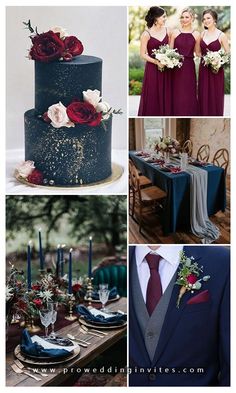 four different pictures with red and blue wedding colors