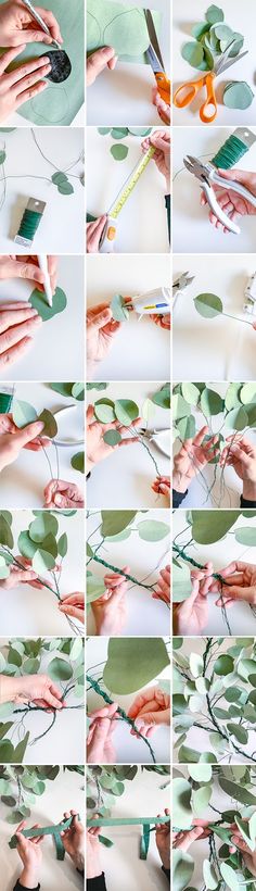 the process of making paper flowers with scissors and glue is shown in several different ways